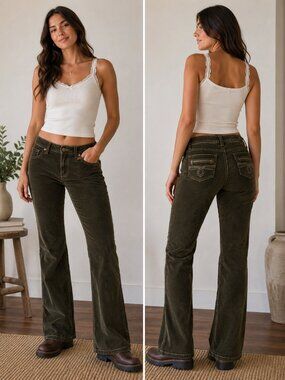 MXM Olive Green Corduroy Bootcut Pants Size 16 | Stretch Corduroy Low Rise Y2K